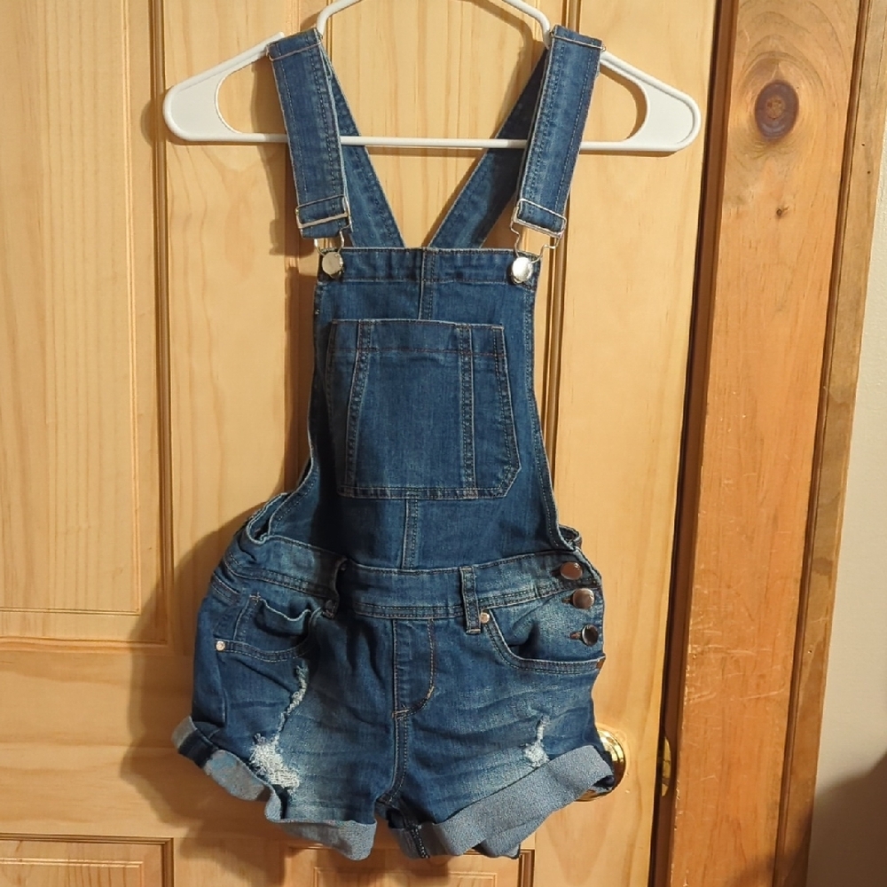 Blue Denim Overalls Shorts with Adjustable Straps and Frayed Hem